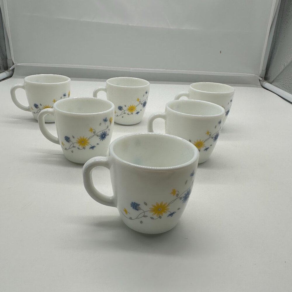 NOS New Set of 6 Cello Opalware Queen Cups Mug Blue Yellow Flowers Small Vintage